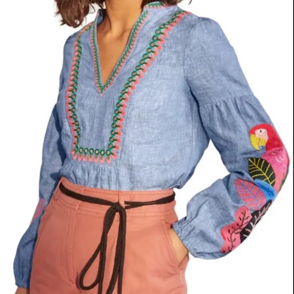 Boden Blue Blouse with Colorful Embroidery